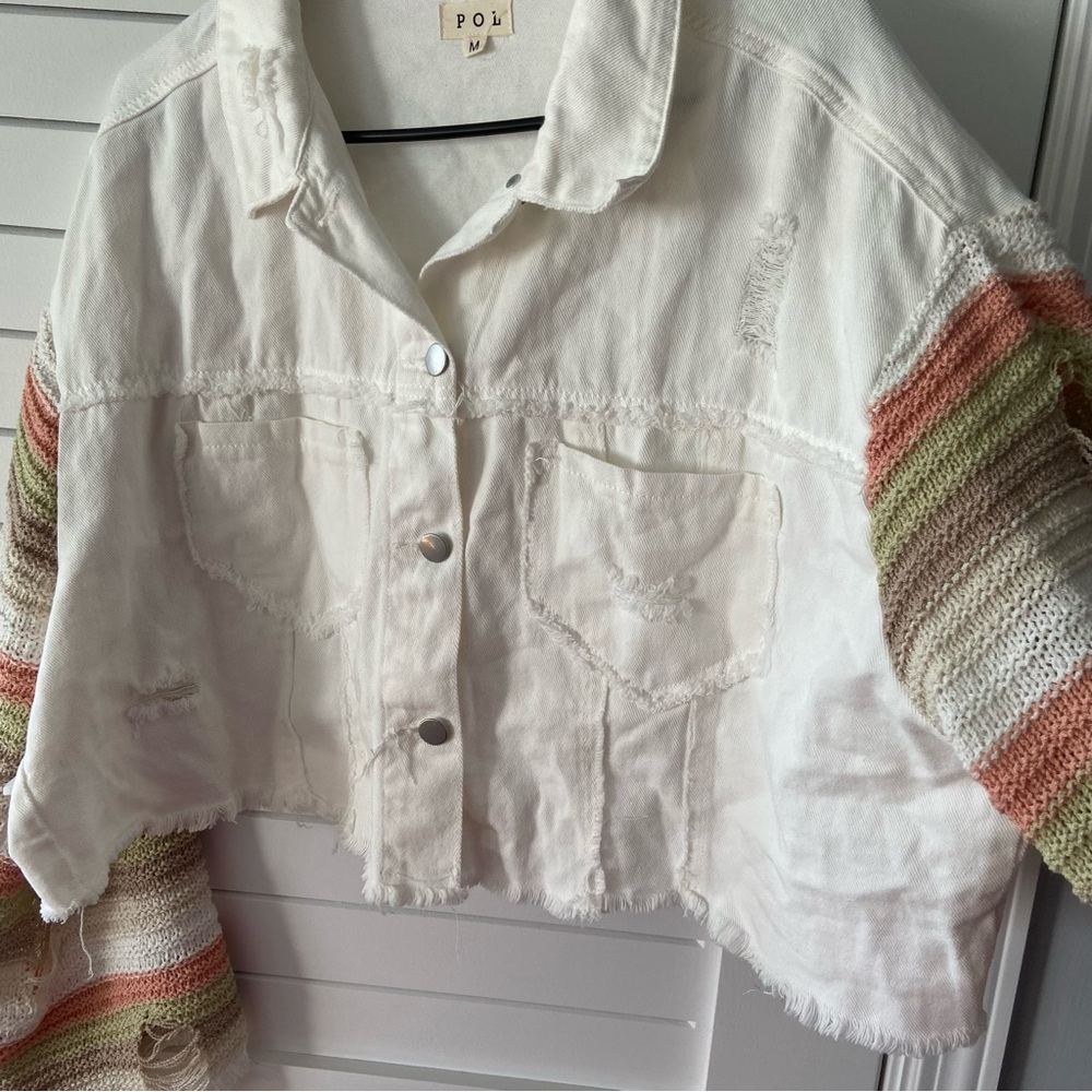 POL Distressed Jean Jacket White with Crochet Sleeves Pink Green Size Medium - Picture 7 of 12